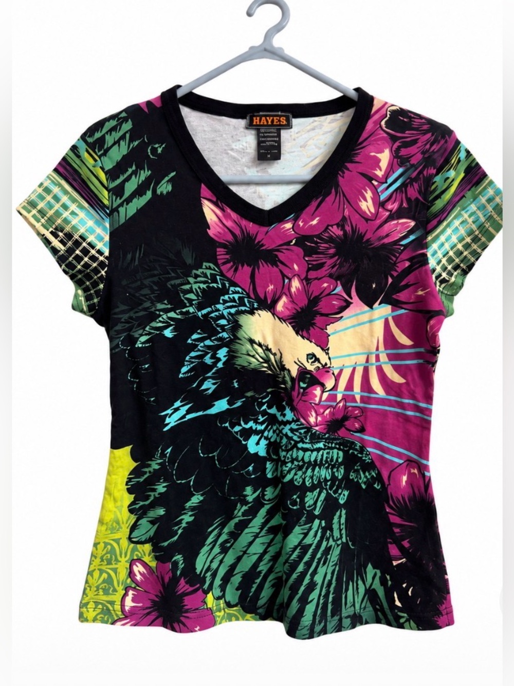 Hayes Custo Barcelona Women's V-Neck Graphic Floral Tee - Black Multi